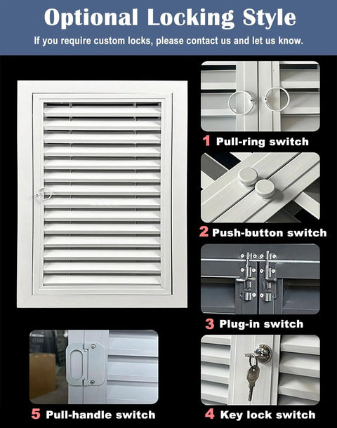 Heavy Duty Aluminum Wall Access Panel With Secure Magnetic Latch And Crisp White Louvered Vents For No Sweat Drywall Inspection And Top Shelf Airflow Control 36 By 48 Inch showing optional locking styles, including pull-ring and key lock.