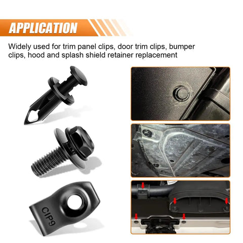 Badass Garage Ready Heavy Duty Auto Bumper Fender Liner Push Clip U Nut Bolt Fastener Rivet Repair Kit 35 Piece Engine Splash Shield Guard Hardware Set with clips and screws for auto repair.