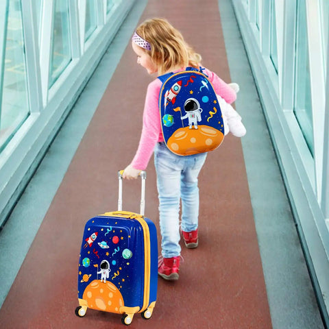 Child with Two Piece Kids Luggage Set With 12 Inch Backpack And 18 Inch Rolling Suitcase In Blue Astronaut Design on walkway