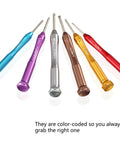 Color-coded six-piece magnetic micro precision screwdriver kit for glasses, watches, electronics with flathead and Phillips bits.
