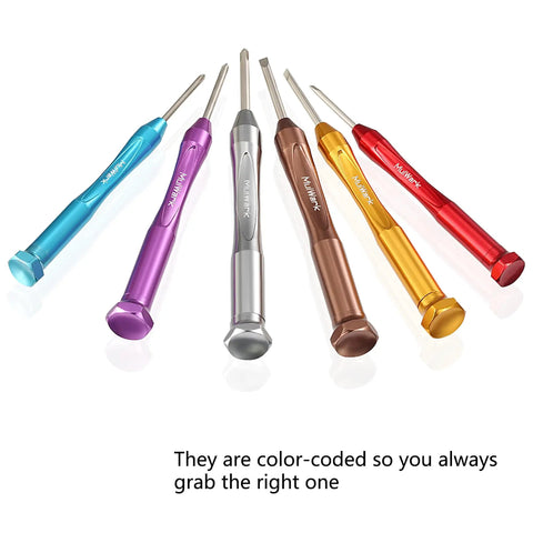 Color-coded six-piece magnetic micro precision screwdriver kit for glasses, watches, electronics with flathead and Phillips bits.
