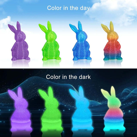 Glow In The Dark 3D Printer Filament Bundle Multicolor PLA 1.75mm 250G X 4 Pack, showing color change in daylight and darkness.