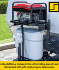 A Frame Trailer Tray Mount For RVs, Front Cargo Carrier And Rack, holding a generator, installed on an RV trailer, black finish.