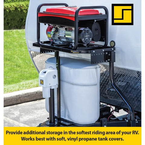 A Frame Trailer Tray Mount For RVs, Front Cargo Carrier And Rack, holding a generator, installed on an RV trailer, black finish.