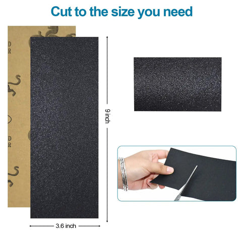 All In One Sandpaper Kit With 36 Wet Or Dry Grit Sheets From 120 To 3000 showing sheet dimensions and cutting