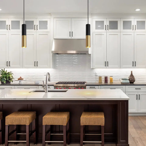 Get These Cool Black And Gold Modern Pendant Lights With Adjustable Cords Cylinder Design Perfect For Kitchen Island Dining Bedroom Living Room Vibes hanging over kitchen island