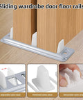 8 Pack Sliding Closet Door Floor Guides Set With 4 Metal Bases, 4 Plastic Plates And 8 Screws For Bypass Bottom Track Rails, Fits Doors From Three Quarters Inch To One And Three Eighths Inch Thick, Durable Nickel Plated Iron And Stainless Steel Hardware, shown installed on wooden doors.
