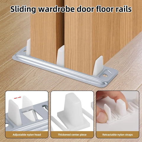 8 Pack Sliding Closet Door Floor Guides Set With 4 Metal Bases, 4 Plastic Plates And 8 Screws For Bypass Bottom Track Rails, Fits Doors From Three Quarters Inch To One And Three Eighths Inch Thick, Durable Nickel Plated Iron And Stainless Steel Hardware, shown installed on wooden doors.