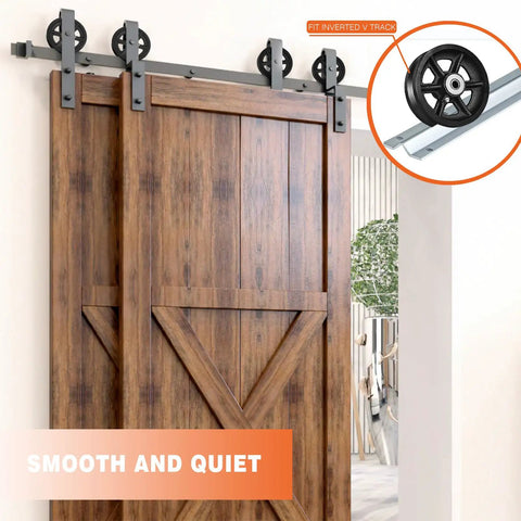 Built Tough Cast Iron V Groove Track Wheels With Precision Roller Bearings For Heavy Hauling Industrial Carts And Smooth Gliding Gate Replacement Systems 6 Inch Black 4 Pack mounted on a sliding door.