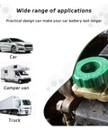Heavy Duty Two Pack Top Post Battery Disconnect Switch Built Tough And Ready To Rock with green knob mounted on battery in vehicle.