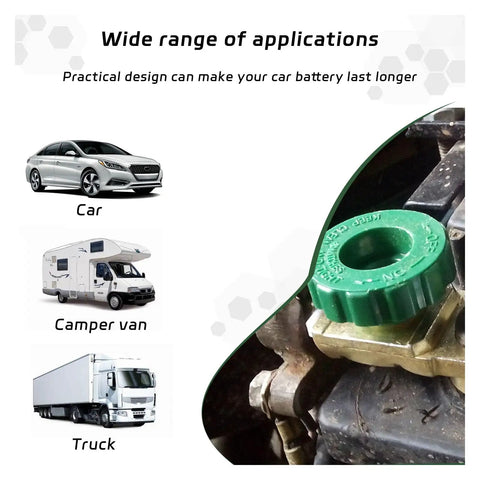 Heavy Duty Two Pack Top Post Battery Disconnect Switch Built Tough And Ready To Rock with green knob mounted on battery in vehicle.
