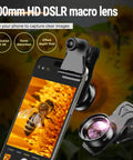 Smartphone Macro Lens With Five Element Glass Coated Optics for Ultra Sharp Close Ups on display with phone camera.