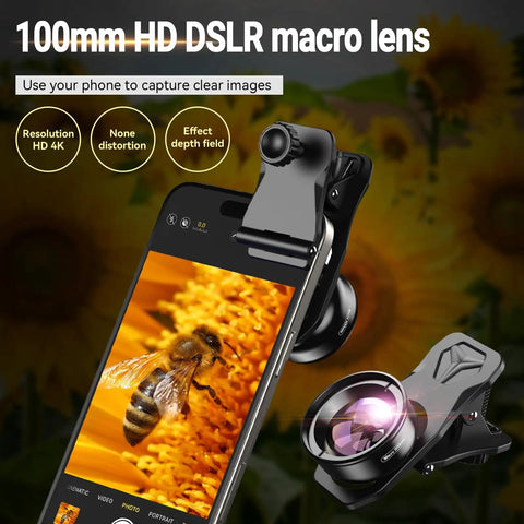 Smartphone Macro Lens With Five Element Glass Coated Optics for Ultra Sharp Close Ups on display with phone camera.