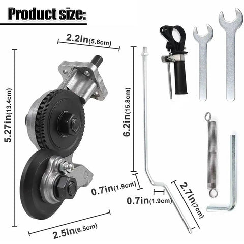 Heavy Duty Titanium Drill Nibbler Sheet Metal Cutter parts with dimensions, including motor and accessories for clean cuts.