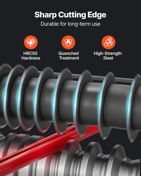 Close-up of Electric Wire Stripper Workhorse cutting blades showing sharp edge and durability features with labels.