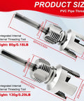 PVC Pipe Threader For Electric Drill With Dual Function Internal And External Threading In One Pass Half Inch And Three Quarter Inch NPT Alloy Steel Dies Ideal For Plumbing Gas And Industrial Pipes shown with product size details, including 1/2 inch and 3/4 inch integrated threading tools.