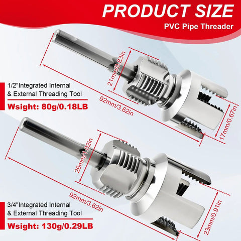 PVC Pipe Threader For Electric Drill With Dual Function Internal And External Threading In One Pass Half Inch And Three Quarter Inch NPT Alloy Steel Dies Ideal For Plumbing Gas And Industrial Pipes shown with product size details, including 1/2 inch and 3/4 inch integrated threading tools.