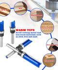 Four Piece Set Of Tough As Nails Tungsten Carbide Flush Trim Router Bits with 1/4 Inch Guided Shank, showing tips for wood types.