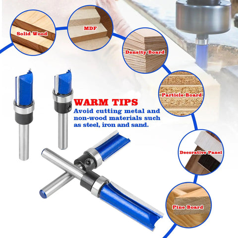 Four Piece Set Of Tough As Nails Tungsten Carbide Flush Trim Router Bits with 1/4 Inch Guided Shank, showing tips for wood types.