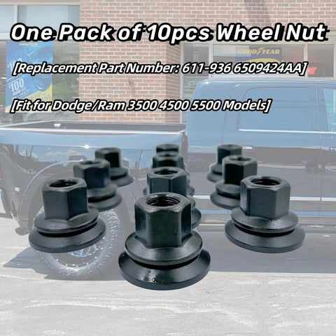 Premium Heavy Duty Wheel Lug Nuts For Dodge Ram 3500 4000 4500 5500 2012 To 2022 set of 10, black nuts showing bolt-on design.
