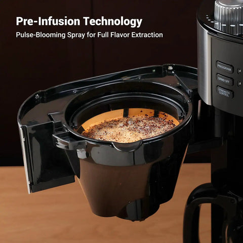 Close-up of coffee grounds in the 10 Cup Drip Coffee Maker With Built-In Burr Grinder And Programmable Timer