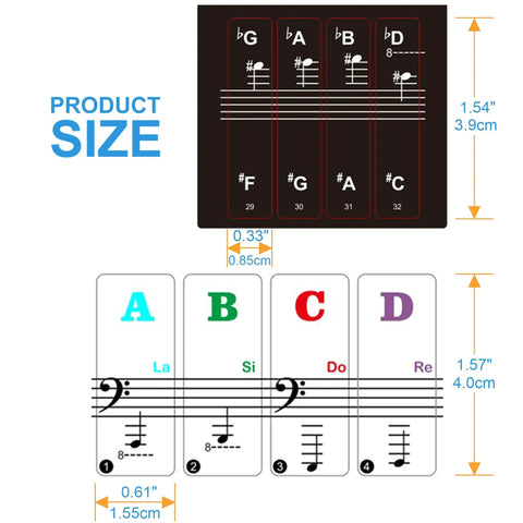 Bold Large Letter Piano Keyboard Stickers For All Key Sizes 88 61 54 49 37 Removable Note Labels with size dimensions