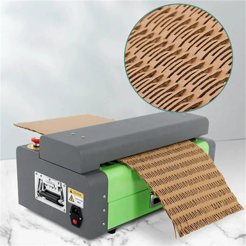 Compact Corrugated Carton Expander And Cutter For Recycling Waste Cardboard Into Dope Cushioning Packaging Material For Eco Friendly Protection And Efficient Cold Connection Shredding, gray-green tabletop unit