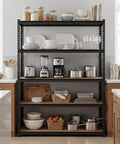 Beefy 5-Tier Steel Shelving Unit With 60 Inch Wide 24 Inch Deep 72 Inch High Carbon Steel Frame Holds Up To 2,500 Lbs Total Capacity With 500 Lbs Per Shelf For Heavy Tools Boxes And Large Equipment in a kitchen with dishes, pots, and appliances
