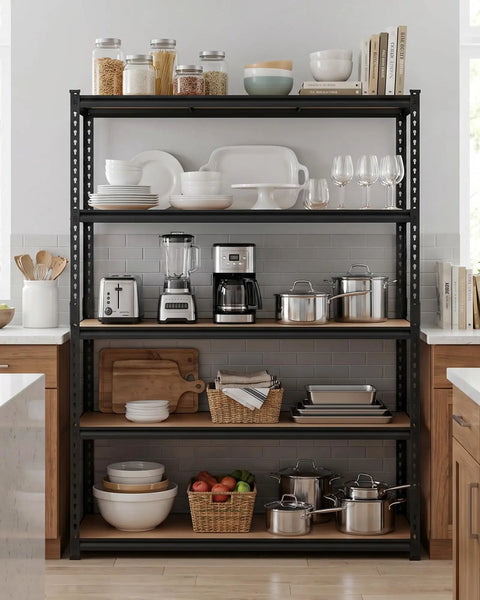 Beefy 5-Tier Steel Shelving Unit With 60 Inch Wide 24 Inch Deep 72 Inch High Carbon Steel Frame Holds Up To 2,500 Lbs Total Capacity With 500 Lbs Per Shelf For Heavy Tools Boxes And Large Equipment in a kitchen with dishes, pots, and appliances