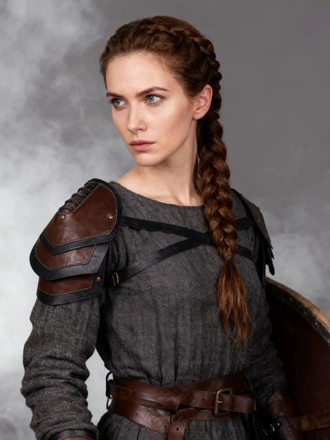 Woman wearing Battle Ready Leather Pauldron Shoulder Armor For Women, Viking Renaissance LARP Cosplay Gear in Brown, medieval setting