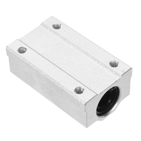 Aluminum 70mm linear bearing slide block for 12mm shaft with mounting holes (angled view)
