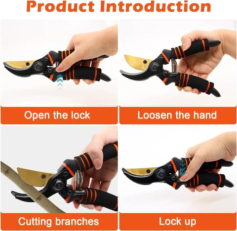 Heavy Duty Pruning Shears For Garden Work With Foam Grip Handles, Bypass Hand Pruners And Eight Inch Garden Clippers shown in use