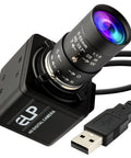 Top Tier Global Shutter Usb Camera With Hella Fast 640 Fps Monochrome Capture And Slick 5 To 50 Millimeter Cs Lens Kit For Linux Mac And Windows Platforms mounted on a black base with USB cable.