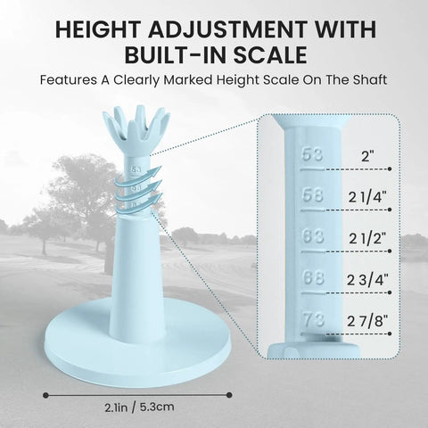 Unbreakable Rubber Golf Tee With Adjustable Height From 2.1 To 2.9 Inches, showing adjustable height and 8-claw grip.