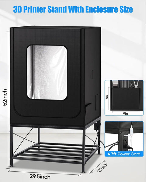 All In One 3D Printer Table With Enclosure Heavy Duty Workstation with dimensions and power cord shown