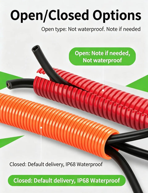 Heavy Duty Polypropylene Conduit For Flexible Cable Raceway With Flame Resistant Cover, open and closed options visible.