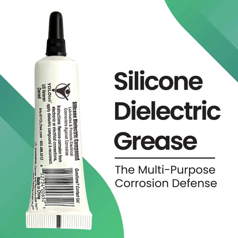 Silicone Dielectric Grease 10g tube for automotive and marine electrical connections displayed alongside product label.
