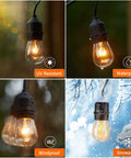Warm 48 Foot Outdoor String Lights With Vintage Edison Bulbs 15 Bulbs at 11W waterproof and UV resistant shown in various weather conditions.