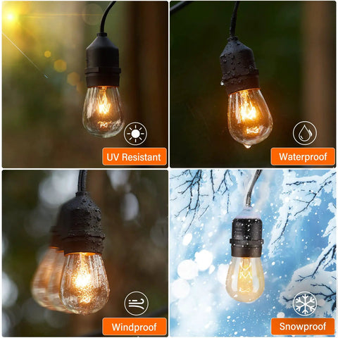 Warm 48 Foot Outdoor String Lights With Vintage Edison Bulbs 15 Bulbs at 11W waterproof and UV resistant shown in various weather conditions.