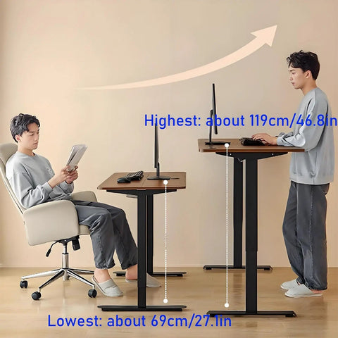 Adjustable Height Standing Desk With Four Memory Presets For Home Office Computer Workstation Natural Finish Sturdy Frame shown at two heights.