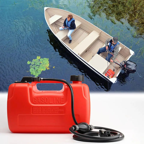 3 Gallon Portable Boat Fuel Tank With Hose And Gauge 12L Transfer Tank for Outboard Motors, red, next to small fishing boat.