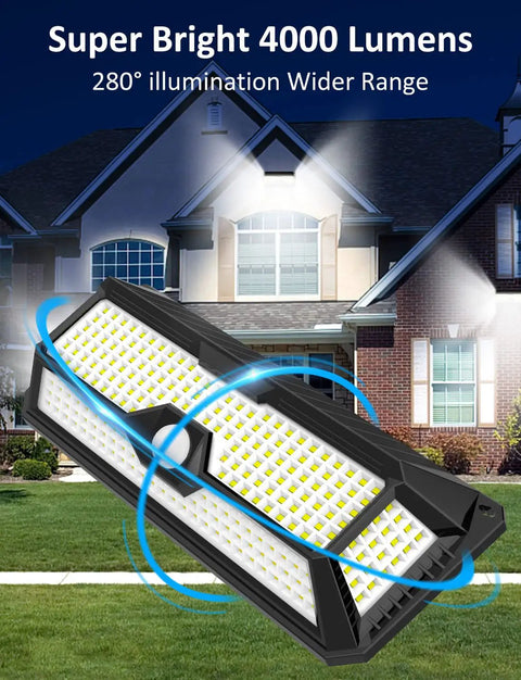 Super Bright Solar Outdoor Lights 4000 Lumen 268 LED Motion Sensor IP65 Waterproof mounted on house wall