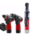 Heavy Duty Cordless Three Tool Combo Kit Featuring Power Drill Driver Snappy Impact Driver And Socket Ratchet With Two Swap Out Batteries For Weekend Warriors, showcasing cordless ratchet driver and two drills.