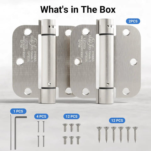 Two Pack Self Closing Door Hinges 3.5 Inch Satin Nickel Spring Loaded With Five Eighths Inch Radius Corner Adjustable Tension Auto Close For Exterior And Interior Doors Garage Front Back Easy Diy Installation with screws and tools