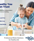 Mother and child washing hands in kitchen sink, promoting safety of 50 Micron Sediment Water Filter Cartridge 10x2.5 Inch Polypropylene.