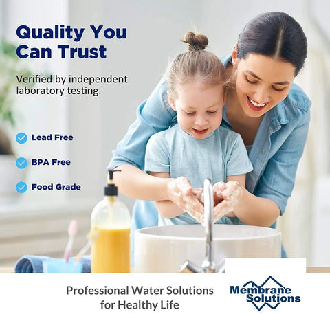 Mother and child washing hands in kitchen sink, promoting safety of 50 Micron Sediment Water Filter Cartridge 10x2.5 Inch Polypropylene.