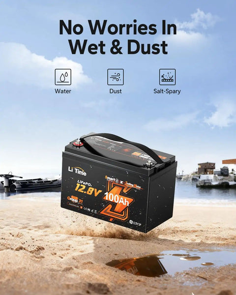 Trolling Motor LiFePO4 Battery 12V 100Ah with Bluetooth Monitoring on sandy beach near water