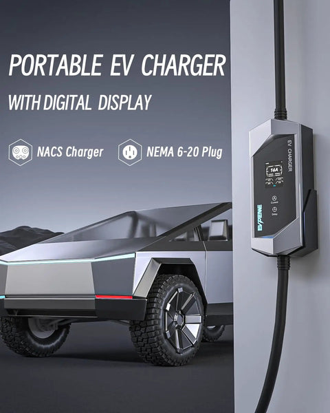 No Fuss Level One And Two Electric Vehicle Charger With Twenty Five Foot Heavy Duty Cord Nema Plugs And Straight Forward Setup For Effortless Tesla Road Trips, mounted with digital display