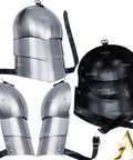 Medieval Shoulder Pauldron Set In Steel Armor For Larp Cosplay Dual Plate Pauldrons showing front and back details
