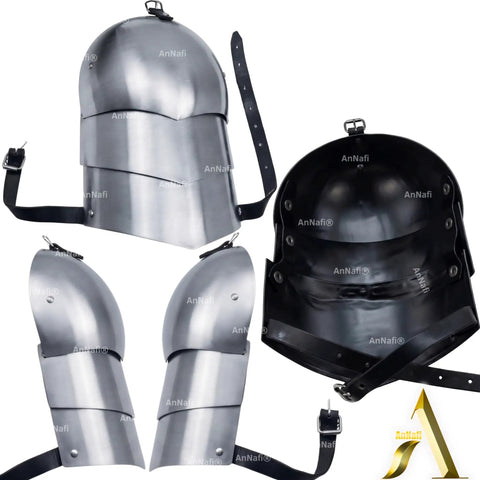 Medieval Shoulder Pauldron Set In Steel Armor For Larp Cosplay Dual Plate Pauldrons showing front and back details